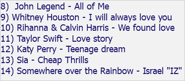 8) John Legend - All of Me 9) Whitney Houston - I will always love you 10) Rihanna & Calvin Harris - We found love 11) Taylor Swift - Love story 12) Katy Perry - Teenage dream 13) Sia - Cheap Thrills 14) Somewhere over the Rainbow - Israel "IZ" 