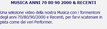 MUSICA ANNI 70 80 90 2000 & RECENTI Una selezione video della nostra Musica con i Tormentoni degli anni 70/80/90/2000 e Recenti, per farvi scatenare in pista come dei veri Performer.